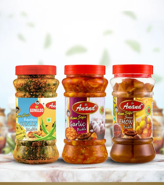 Trio of Tangy Pickle – Garlic, Rajasthani Green Chilli & Sweet Lemon Pickle Combo | Gongloo