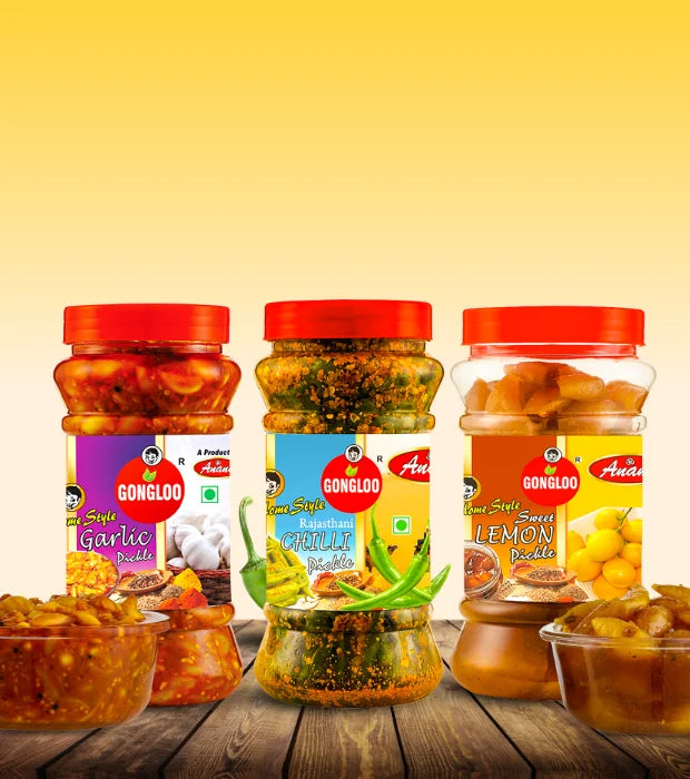 Trio of Tangy Pickle – Garlic, Rajasthani Green Chilli & Sweet Lemon Pickle Combo | Gongloo