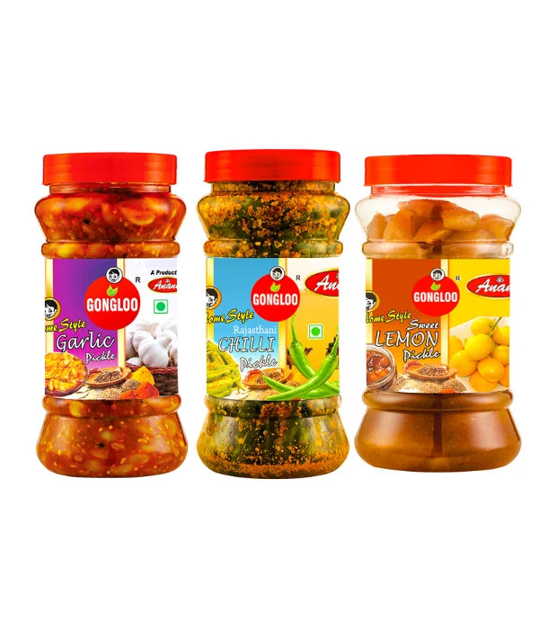 Trio of Tangy Pickle – Garlic, Rajasthani Green Chilli & Sweet Lemon Pickle Combo | Gongloo