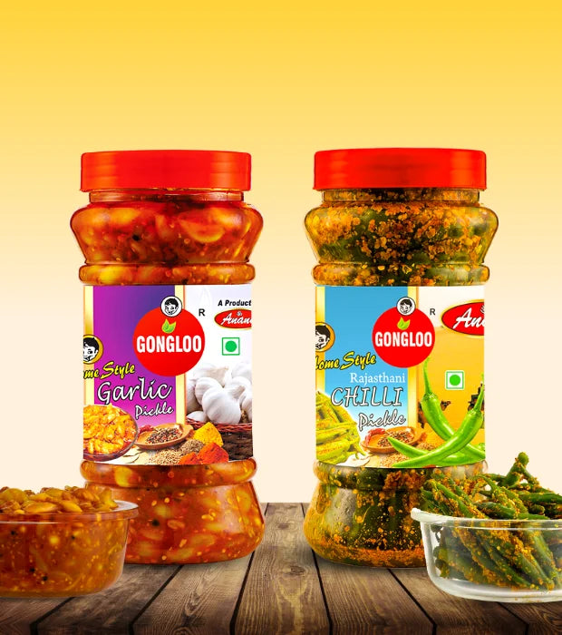 Garlic Pickle (400 gm) + Rajasthani Green Chilli Pickle (300 gm) | Gongloo
