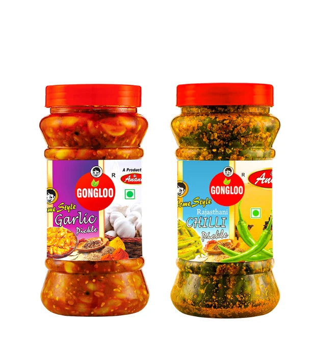 Garlic Pickle (400 gm) + Rajasthani Green Chilli Pickle (300 gm) | Gongloo