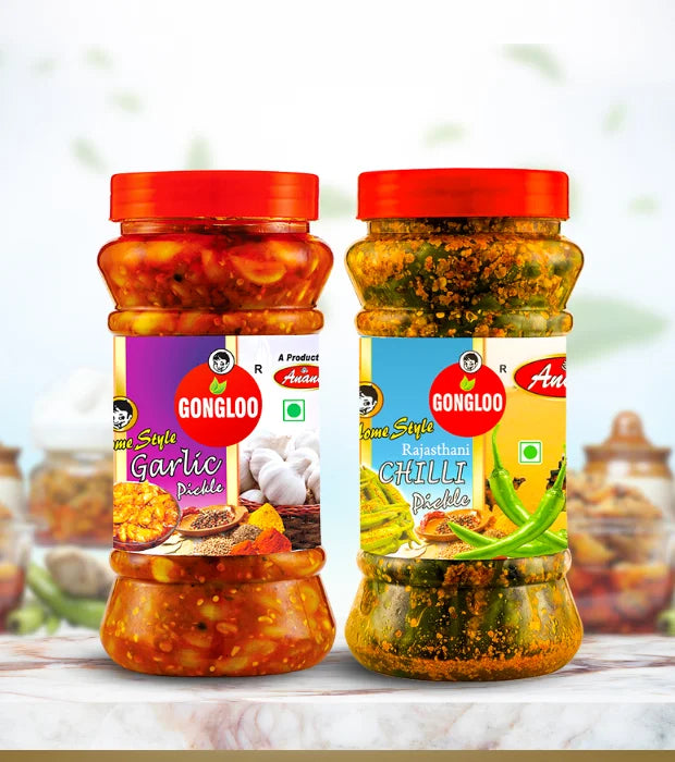 Garlic Pickle (400 gm) + Rajasthani Green Chilli Pickle (300 gm) | Gongloo
