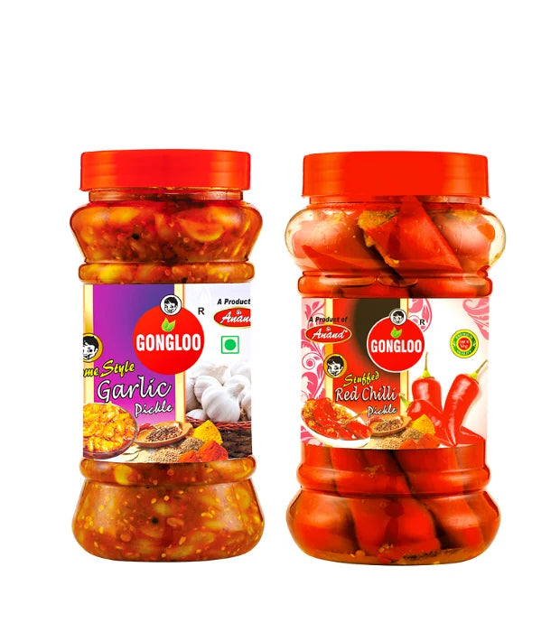 Bold and Spicy Combo – Garlic Pickle (400 gm) + Red Chilli Pickle (400 gm) | Gongloo