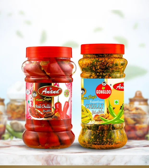 Red Chilli Pickle (400 gm) + Rajasthani Green Chilli Pickle (300 gm)- Spice Lovers Pack | Gongloo