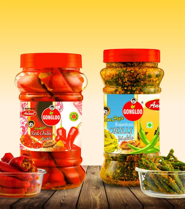 Red Chilli Pickle (400 gm) + Rajasthani Green Chilli Pickle (300 gm)- Spice Lovers Pack | Gongloo