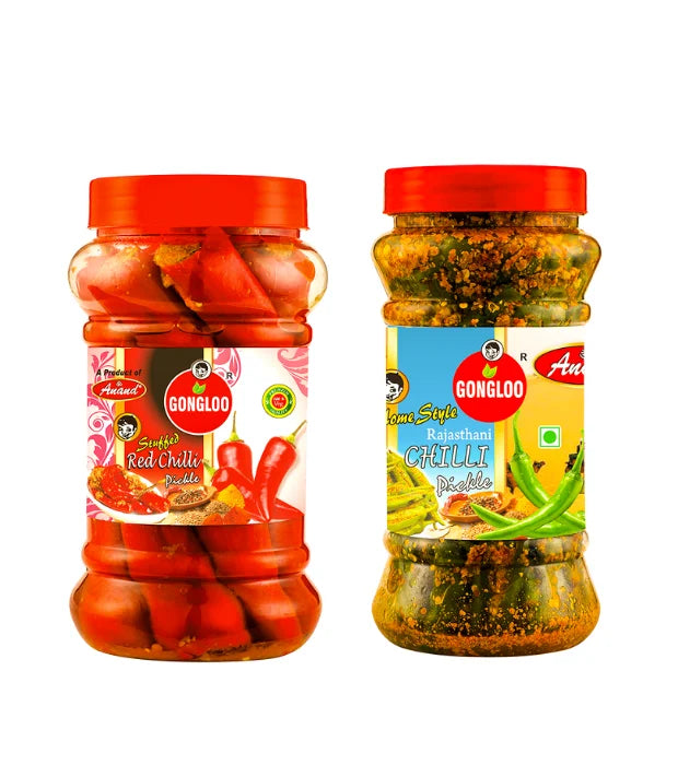 Red Chilli Pickle (400 gm) + Rajasthani Green Chilli Pickle (300 gm)- Spice Lovers Pack | Gongloo