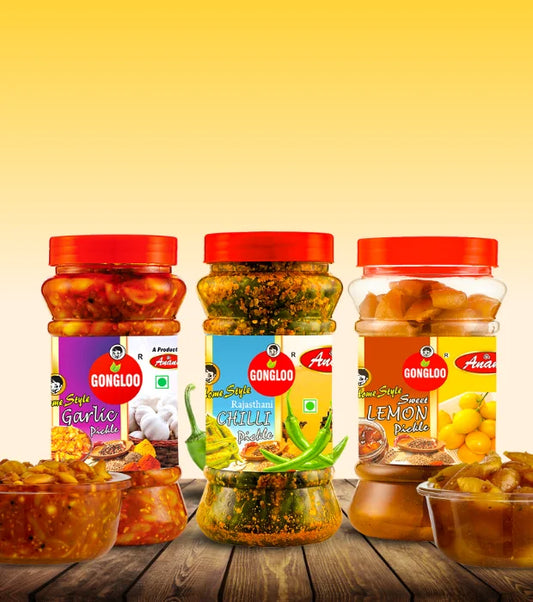 Garlic Pickle(400 gm) + Rajasthani Green Chilli Pickle(300 gm) + Sweet Lemon Pickle(400 gm) (Trio of Tangy Pickle)